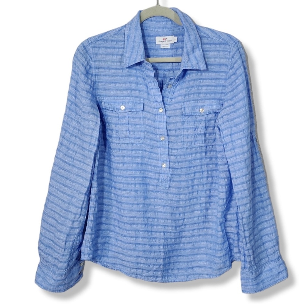 Vineyard Vines 100% Linen Blue Textured Longsleeve Button Up Shirt